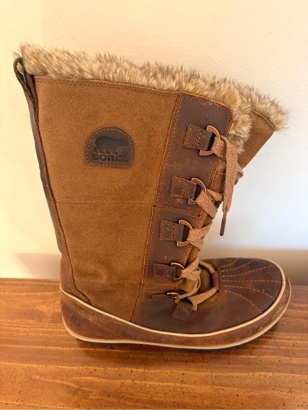 Sorel Women's Tan/Brown Fur-Trim Lace-Up Winter Boots Warm Leather Outdoors